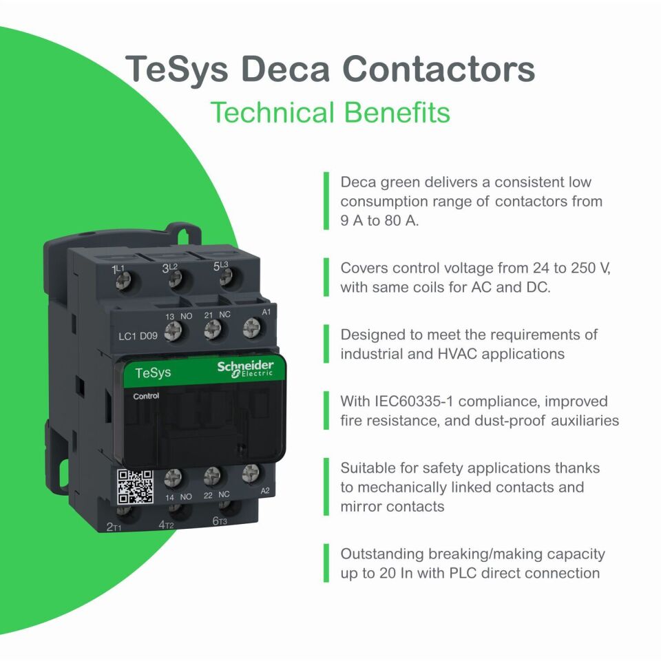 Schneider LC1D09BD - TeSys Deca Kontaktör - 3P - 9A - 24V DC Bobin
